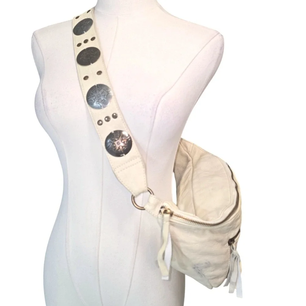 Free People Cream Leather Studded Belt Bag Fanny Pack Crossbody - Picture 3 of 14